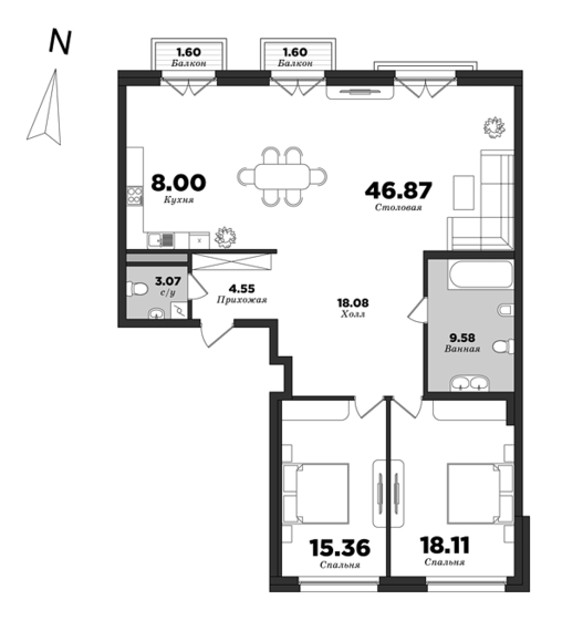Приоритет, Корпус 1, 2 спальни, 125.34 м² | планировка элитных квартир Санкт-Петербурга | М16